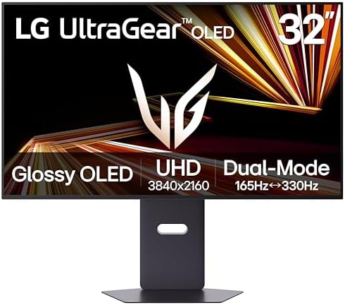 LG 32GX850A B 32 UltraGear 4K UHD  3840 x 2160  Glossy OLED Gaming Monitor  Dual Mode 165Hz/330Hz  0 03ms  G SYNC  FreeSync Premium Pro  TrueBlack 400  HDMI  DP  Tilt/Height/Swivel/Pivot Stand  Black