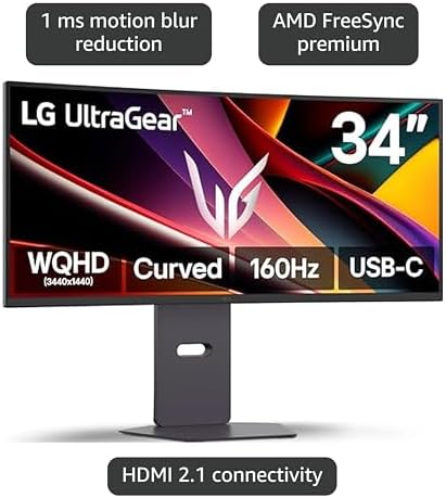 LG 34G630A B 34 Inch Ultragear WQHD  3440 x 1440  Curved Gaming Monitor  240Hz  1ms  FreeSync Premium  DisplayHDR 400  Built in Speaker  HDMI  DisplayPort  USB Type C  Tilt/Height/Swivel Stand  Black