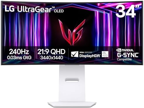 LG 34GX900A B 34 Inch Ultragear WQHD  3440 x 1440  OLED Curved Gaming Monitor  240Hz  0 03ms  NVIDIA G Sync  VESA DisplayHDR True Black 400  HDMI 2 1  DisplayPort  USB Type C PD 65W  Black
