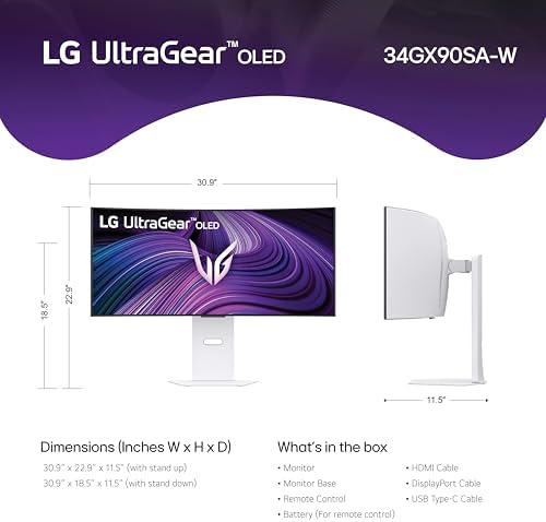 LG 34GX90SA W 34 inch Ultragear WQHD  3440 x 1440  OLED Curved Gaming Monitor 240Hz  1ms  NVIDIA G Sync Compatible  AMD FreeSync Premium  VESA DisplayHDR True Black 400  webOS  USB Type C  White