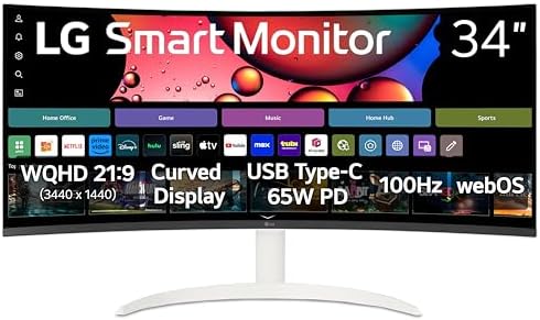 LG 34SR63QA W 34 inch Smart Curved Monitor with Streaming TV  QHD 1440p  UltraWide Screen  USB Type C 65W PD  1800R  webOS  HDR10  100Hz  Built in Speaker  AirPlay2  Screen Share  Bluetooth  White
