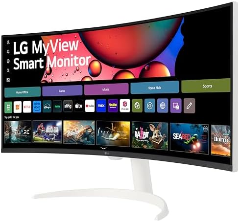 LG 34SR63QA W 34 inch Smart Curved Monitor with Streaming TV  QHD 1440p  UltraWide Screen  USB Type C 65W PD  1800R  webOS  HDR10  100Hz  Built in Speaker  AirPlay2  Screen Share  Bluetooth  White