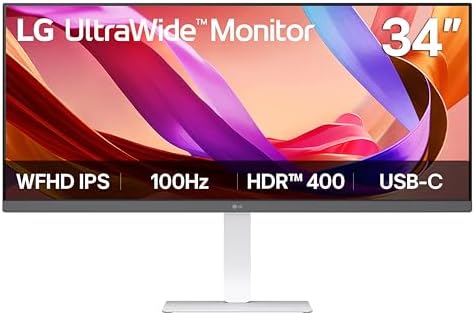 LG 34U530A W 34 inch UltraWide WFHD  2560 x 1080  IPS Wide Computer Monitor  100Hz  VESA DisplayHDR 400  HDMI  DisplayPort  USB Type C  Tilt/Height/Swivel Stand  White