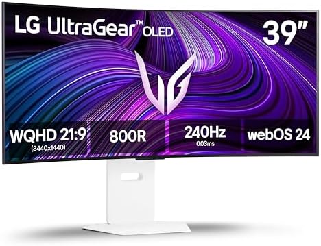 LG 39GX90SA W 39 inch Ultragear WQHD  3440 x 1440  OLED Curved Gaming Monitor 240Hz  1ms  NVIDIA G Sync Compatible  AMD FreeSync Premium  VESA DisplayHDR True Black 400  webOS  USB Type C  White