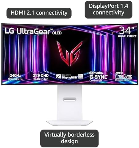 LG 45GX900A B 45 Inch Ultragear WQHD  3440 x 1440  OLED Curved Gaming Monitor  240Hz  0 03ms  NVIDIA G Sync  VESA DisplayHDR True Black 400  HDMI 2 1  DisplayPort  USB Type C PD 65W  Black