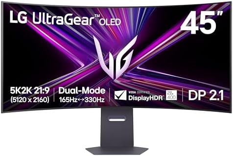 LG 45GX950A B 45 inch Ultragear 5K2K WUHD  5120 x 2160  OLED Curved Gaming Monitor  Dual Mode  165Hz  0 03ms  NVIDIA G Sync  AMD FreeSync Premium Pro  HDR True Black 400  USB Type C 90W  DP2 1  Black