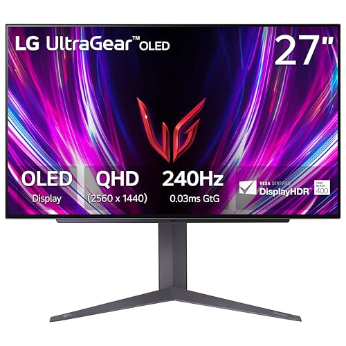 LG  27GS93QE 27 inch Ultragear OLED Gaming Monitor QHD 1440p 240Hz 0 03ms DisplayHDR True Black 400 AMD FreeSync Premium Pro NVIDIA G Sync HDMI 2 1 DisplayPort Tilt/Height/Pivot Stand Black