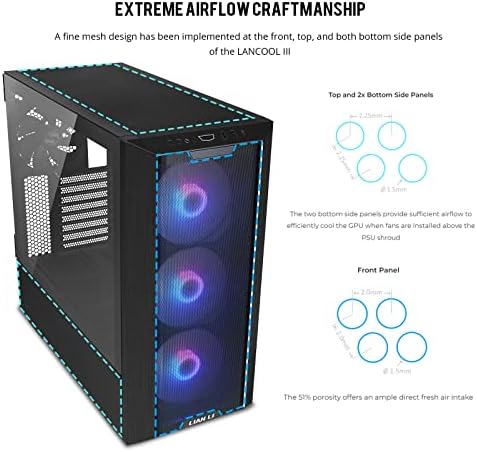LIAN LI LANCOOL III E ATX PC Case  Spacious RGB Gaming Computer Case with Hinged Tempered Glass Doors  Fine Mesh Panels  4x140mm PWM Fans Pre Installed High Airflow Chassis  Black