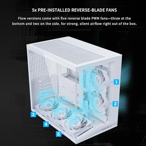 LIAN LI O11D MINI V2 Flow | Carcasa compacta ATX de flujo de aire de media torre para computadora | Vista panorámica | Flujo de aire de alto rendimiento | Incluye 5 ventiladores de hoja inversa de