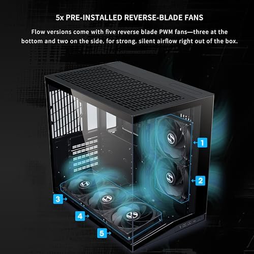 LIAN LI O11D MINI V2 Flow   Compact ATX Mid Tower Airflow Computer Case   Panoramic View   High Performance Airflow   Includes 5 x 120mm Reverse Blade Fans   Cable Management   Black  O11DMIV2FX