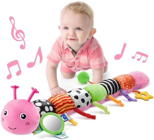 LIGHTDESIRE Baby Toys Musical Caterpillar Infant Toys Stuffed Animals with Mirror Ruler Design Pull String&Rattles Sensory Toy for Tummy Time Boy Girl Newborn Gifts 3 6 12 Months Rose Pink Knot Limb