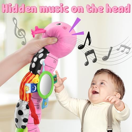 LIGHTDESIRE Baby Toys Musical Caterpillar Infant Toys Stuffed Animals with Mirror Ruler Design Pull String&Rattles Sensory Toy for Tummy Time Boy Girl Newborn Gifts 3 6 12 Months Rose Pink Knot Limb