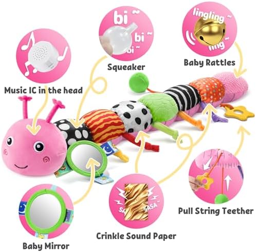 LIGHTDESIRE Baby Toys Musical Caterpillar Infant Toys Stuffed Animals with Mirror Ruler Design Pull String&Rattles Sensory Toy for Tummy Time Boy Girl Newborn Gifts 3 6 12 Months Rose Pink Knot Limb