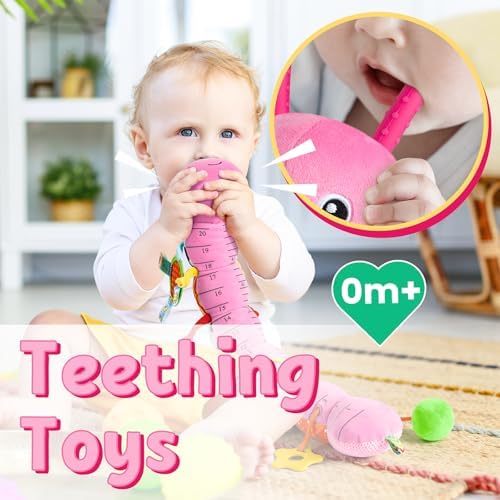 LIGHTDESIRE Baby Toys Musical Caterpillar Infant Toys Stuffed Animals with Mirror Ruler Design Pull String&Rattles Sensory Toy for Tummy Time Boy Girl Newborn Gifts 3 6 12 Months Rose Pink Knot Limb