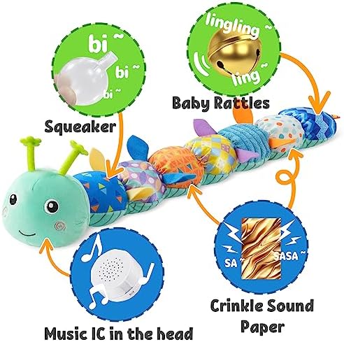 LIGHTDESIRE Baby Toys Musical Caterpillar Infant Toys Stuffed Animals with Mirror Ruler Design Pull String&Rattles Sensory Toy for Tummy Time Boy Girl Newborn Gifts 3 6 12 Months Rose Pink Knot Limb