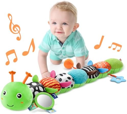 LIGHTDESIRE Baby Toys Musical Caterpillar Infant Toys Stuffed Animals with Mirror Ruler Design Pull String&Rattles Sensory Toy for Tummy Time Boy Girl Newborn Gifts 3 6 12 Months Rose Pink Knot Limb
