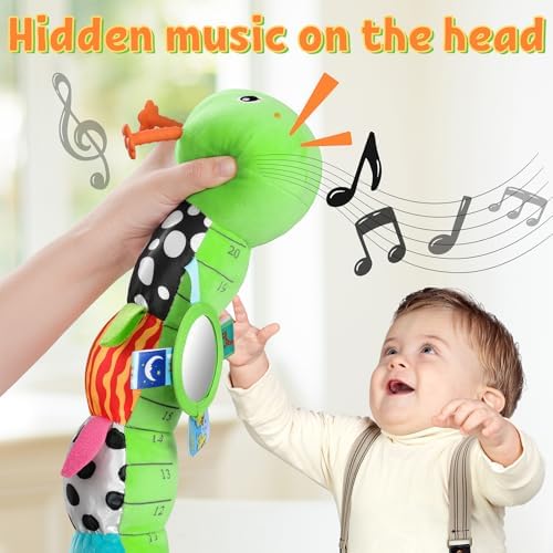 LIGHTDESIRE Baby Toys Musical Caterpillar Infant Toys Stuffed Animals with Mirror Ruler Design Pull String&Rattles Sensory Toy for Tummy Time Boy Girl Newborn Gifts 3 6 12 Months Rose Pink Knot Limb