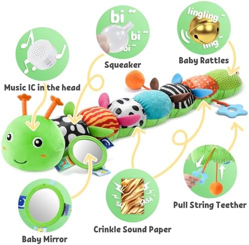 LIGHTDESIRE Baby Toys Musical Caterpillar Infant Toys Stuffed Animals with Mirror Ruler Design Pull String&Rattles Sensory Toy for Tummy Time Boy Girl Newborn Gifts 3 6 12 Months Rose Pink Knot Limb