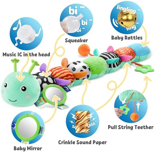 LIGHTDESIRE Baby Toys Musical Caterpillar Infant Toys Stuffed Animals with Mirror Ruler Design Pull String&Rattles Sensory Toy for Tummy Time Boy Girl Newborn Gifts 3 6 12 Months Rose Pink Knot Limb