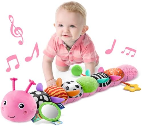 LIGHTDESIRE Baby Toys Musical Caterpillar Infant Toys Stuffed Animals with Mirror Ruler Design Pull String&Rattles Sensory Toy for Tummy Time Boy Girl Newborn Gifts 3 6 12 Months Rose Pink Knot Limb