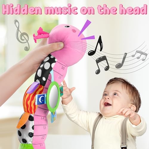 LIGHTDESIRE Baby Toys Musical Caterpillar Infant Toys Stuffed Animals with Mirror Ruler Design Pull String&Rattles Sensory Toy for Tummy Time Boy Girl Newborn Gifts 3 6 12 Months Rose Pink Knot Limb