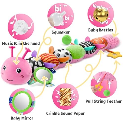 LIGHTDESIRE Baby Toys Musical Caterpillar Infant Toys Stuffed Animals with Mirror Ruler Design Pull String&Rattles Sensory Toy for Tummy Time Boy Girl Newborn Gifts 3 6 12 Months Rose Pink Knot Limb