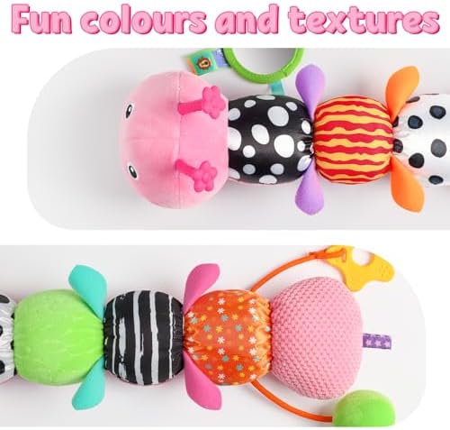 LIGHTDESIRE Baby Toys Musical Caterpillar Infant Toys Stuffed Animals with Mirror Ruler Design Pull String&Rattles Sensory Toy for Tummy Time Boy Girl Newborn Gifts 3 6 12 Months Rose Pink Knot Limb