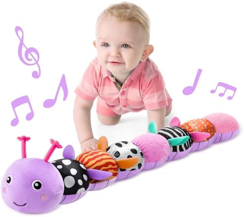 LIGHTDESIRE Baby Toys Musical Caterpillar Infant Toys Stuffed Animals with Mirror Ruler Design Pull String&Rattles Sensory Toy for Tummy Time Boy Girl Newborn Gifts 3 6 12 Months Rose Pink Knot Limb