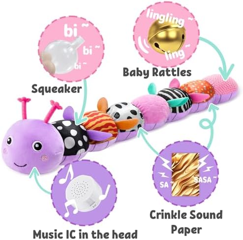 LIGHTDESIRE Baby Toys Musical Caterpillar Infant Toys Stuffed Animals with Mirror Ruler Design Pull String&Rattles Sensory Toy for Tummy Time Boy Girl Newborn Gifts 3 6 12 Months Rose Pink Knot Limb