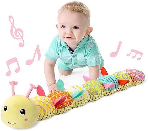 LIGHTDESIRE Baby Toys Musical Caterpillar Infant Toys Stuffed Animals with Mirror Ruler Design Pull String&Rattles Sensory Toy for Tummy Time Boy Girl Newborn Gifts 3 6 12 Months Rose Pink Knot Limb