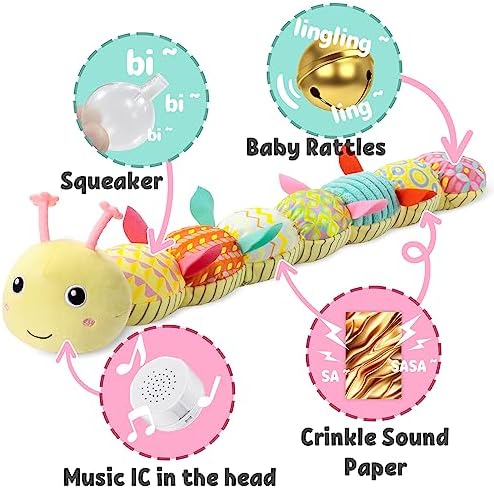 LIGHTDESIRE Baby Toys Musical Caterpillar Infant Toys Stuffed Animals with Mirror Ruler Design Pull String&Rattles Sensory Toy for Tummy Time Boy Girl Newborn Gifts 3 6 12 Months Rose Pink Knot Limb