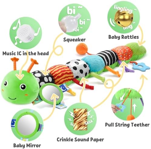 LIGHTDESIRE Baby Toys Musical Caterpillar Infant Toys Stuffed Animals with Mirror Ruler Design Pull String&Rattles Sensory Toy for Tummy Time Boy Girl Newborn Gifts 3 6 12 Months Rose Pink Knot Limb