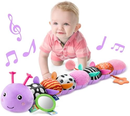 LIGHTDESIRE Baby Toys Musical Caterpillar Infant Toys Stuffed Animals with Mirror Ruler Design Pull String&Rattles Sensory Toy for Tummy Time Boy Girl Newborn Gifts 3 6 12 Months Rose Pink Knot Limb