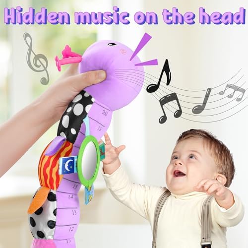 LIGHTDESIRE Baby Toys Musical Caterpillar Infant Toys Stuffed Animals with Mirror Ruler Design Pull String&Rattles Sensory Toy for Tummy Time Boy Girl Newborn Gifts 3 6 12 Months Rose Pink Knot Limb