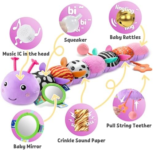 LIGHTDESIRE Baby Toys Musical Caterpillar Infant Toys Stuffed Animals with Mirror Ruler Design Pull String&Rattles Sensory Toy for Tummy Time Boy Girl Newborn Gifts 3 6 12 Months Rose Pink Knot Limb