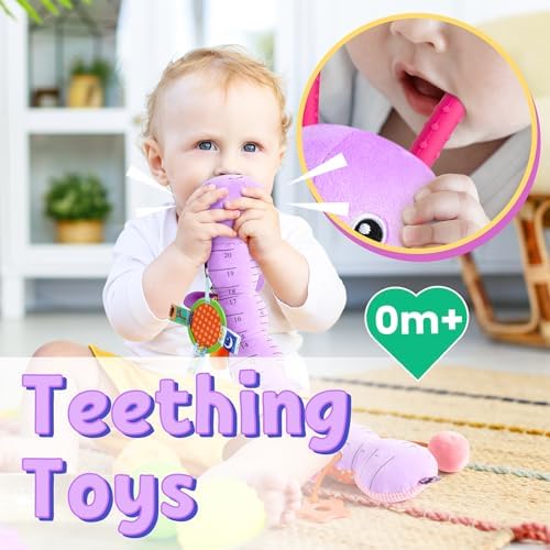 LIGHTDESIRE Baby Toys Musical Caterpillar Infant Toys Stuffed Animals with Mirror Ruler Design Pull String&Rattles Sensory Toy for Tummy Time Boy Girl Newborn Gifts 3 6 12 Months Rose Pink Knot Limb