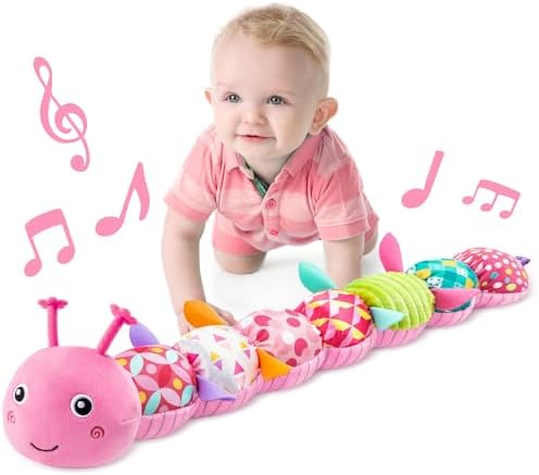 LIGHTDESIRE Baby Toys Musical Caterpillar Infant Toys Stuffed Animals with Mirror Ruler Design Pull String&Rattles Sensory Toy for Tummy Time Boy Girl Newborn Gifts 3 6 12 Months Rose Pink Knot Limb