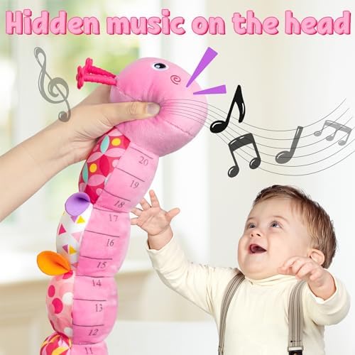 LIGHTDESIRE Baby Toys Musical Caterpillar Infant Toys Stuffed Animals with Mirror Ruler Design Pull String&Rattles Sensory Toy for Tummy Time Boy Girl Newborn Gifts 3 6 12 Months Rose Pink Knot Limb