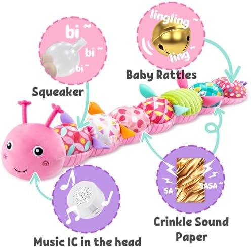LIGHTDESIRE Baby Toys Musical Caterpillar Infant Toys Stuffed Animals with Mirror Ruler Design Pull String&Rattles Sensory Toy for Tummy Time Boy Girl Newborn Gifts 3 6 12 Months Rose Pink Knot Limb