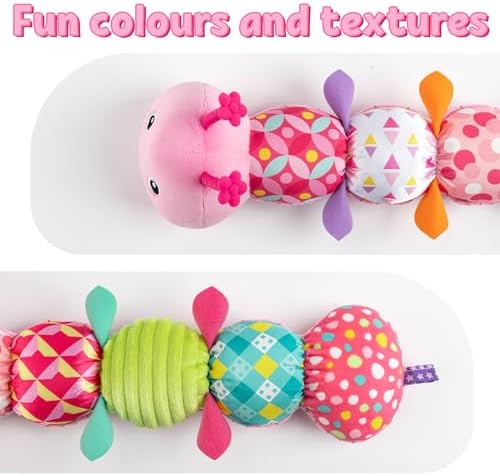 LIGHTDESIRE Baby Toys Musical Caterpillar Infant Toys Stuffed Animals with Mirror Ruler Design Pull String&Rattles Sensory Toy for Tummy Time Boy Girl Newborn Gifts 3 6 12 Months Rose Pink Knot Limb