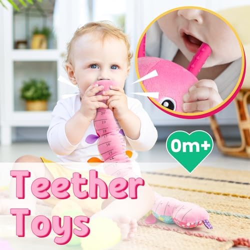 LIGHTDESIRE Baby Toys Musical Caterpillar Infant Toys Stuffed Animals with Mirror Ruler Design Pull String&Rattles Sensory Toy for Tummy Time Boy Girl Newborn Gifts 3 6 12 Months Rose Pink Knot Limb