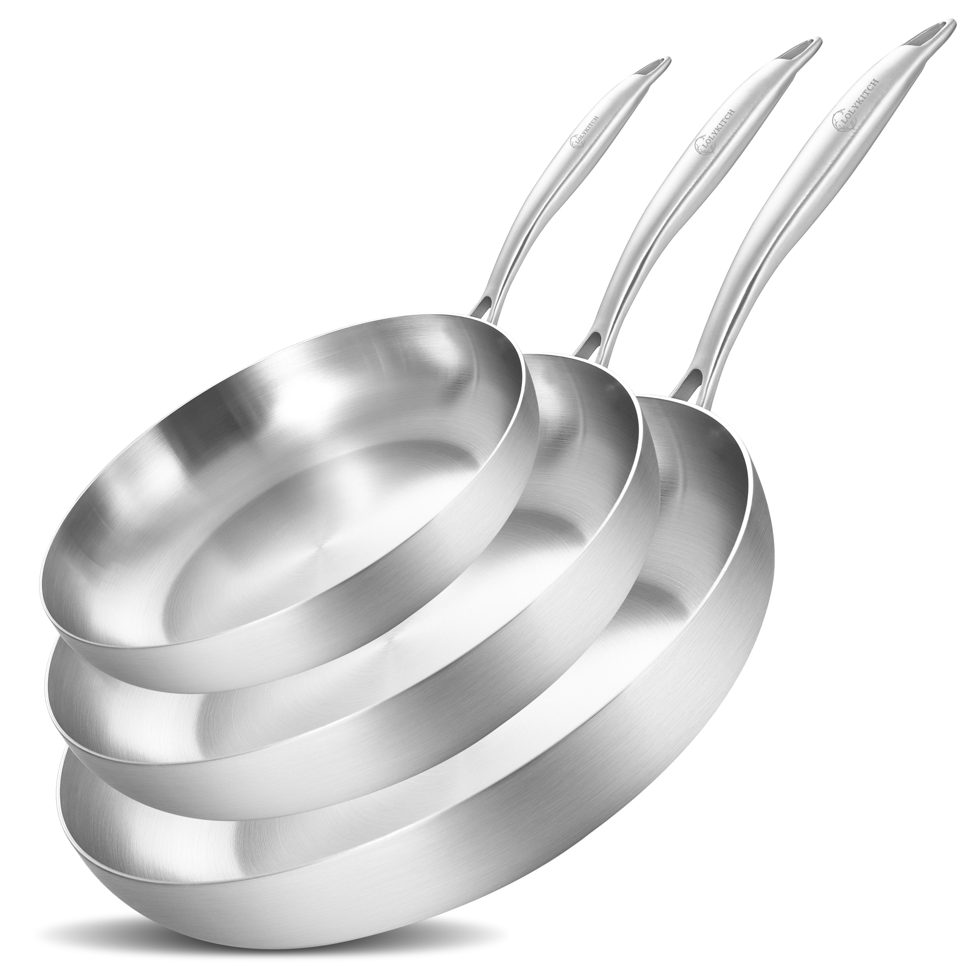 LOLYKITCH Tri Ply Stainless Steel Pan Set  8 5 inch  10 inch  12 inch Chef & Frying Pan  Induction & Oven Safe