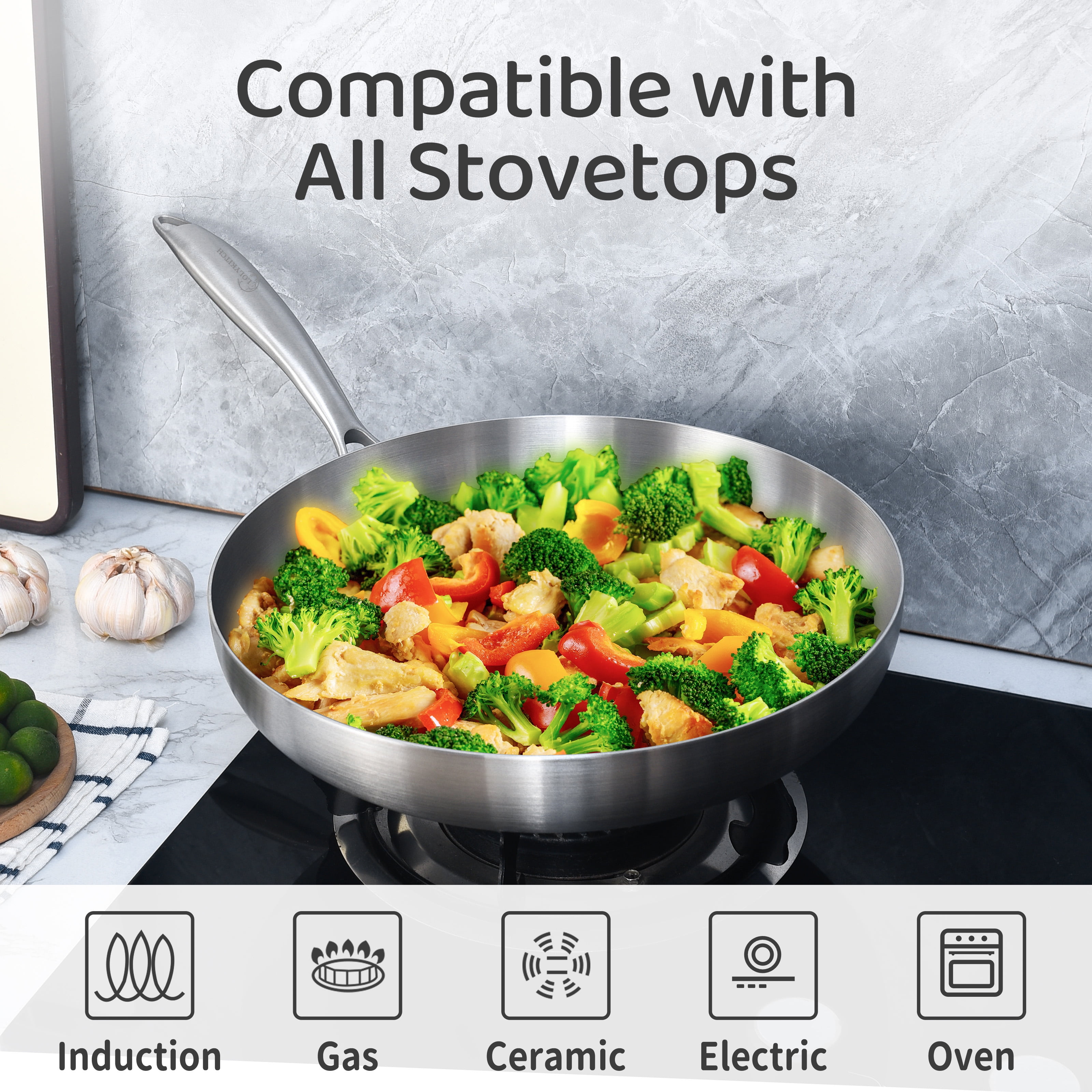 LOLYKITCH Tri Ply Stainless Steel Pan Set  8 5 inch  10 inch  12 inch Chef & Frying Pan  Induction & Oven Safe