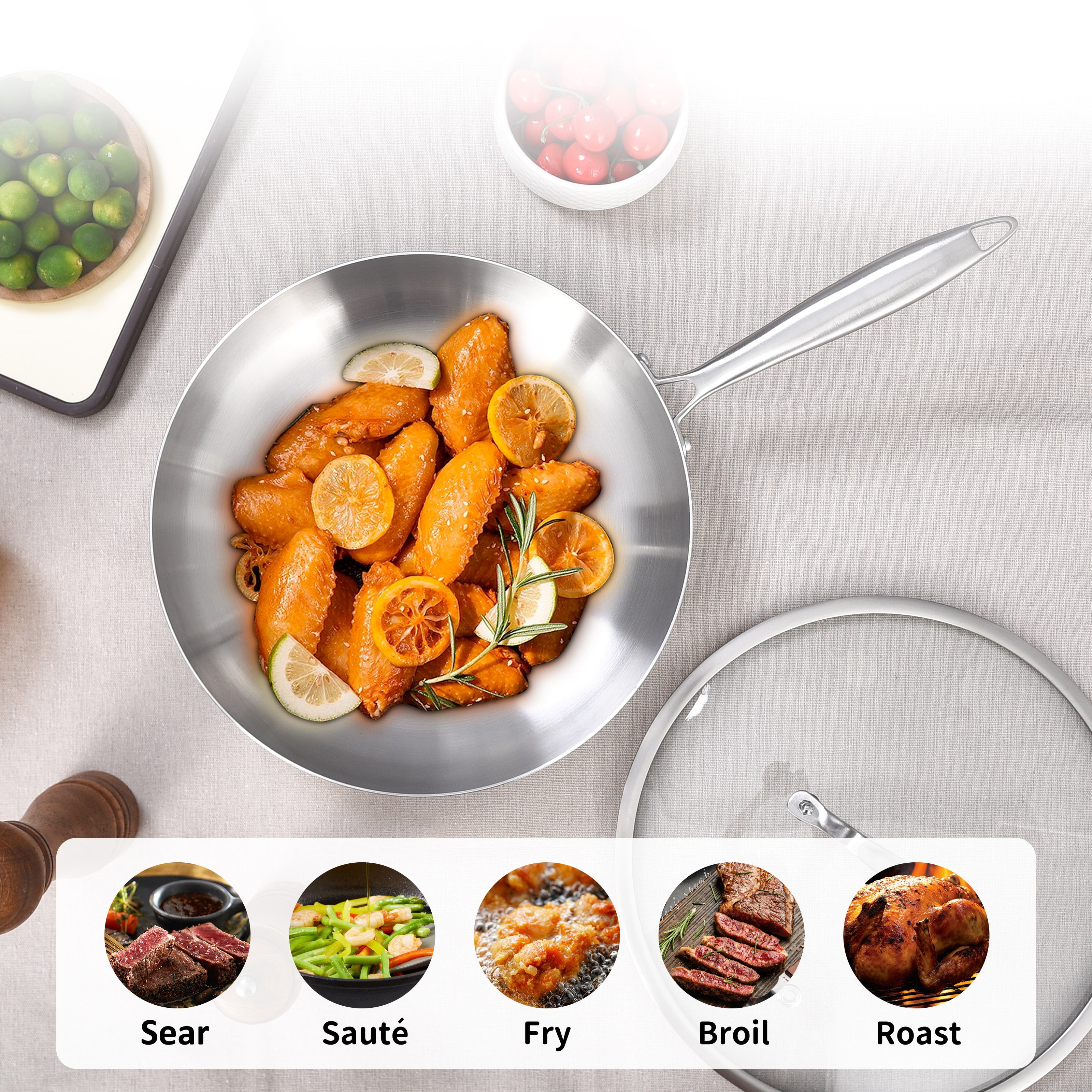 LOLYKITCH Tri Ply Stainless Steel Pan Set  8 5 inch  10 inch  12 inch Chef & Frying Pan  Induction & Oven Safe