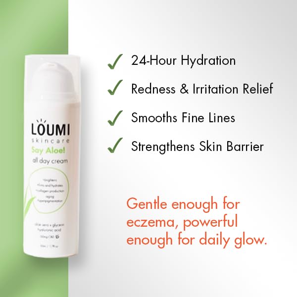 LOUMI Skincare Say Aloe All Day Face Cream   Hydrating Aloe Vera & Hyaluronic Acid Moisturizer   Nourishes  Soothes & Softens Dry Skin   Natural  Vegan & Cruelty Free   1oz
