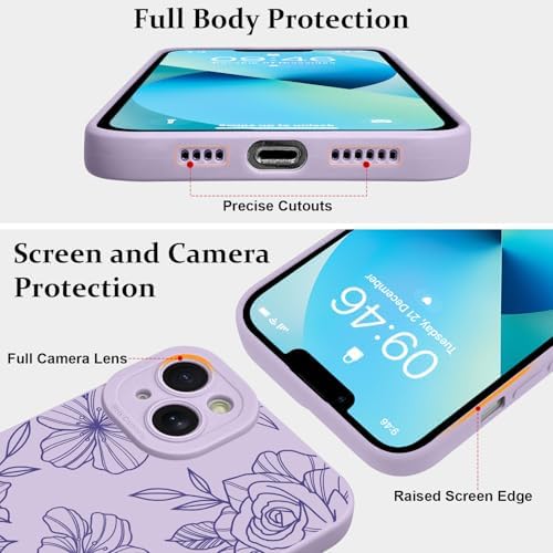 LSL Funda para iPhone 13, diseño de flores moradas, diseño de estampado de flores, TPU suave, lente de cámara completa, anti-caídas, antiarañazos, a prueba de golpes, funda protectora delgada para