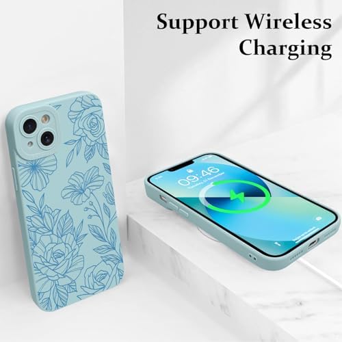 LSL Case for iPhone 13 Blue Floral Flower Pattern Print Design Soft TPU Full Camera Lens Anti Drop Anti Scratch Shockproof Protective Slim Cover for Women Girls