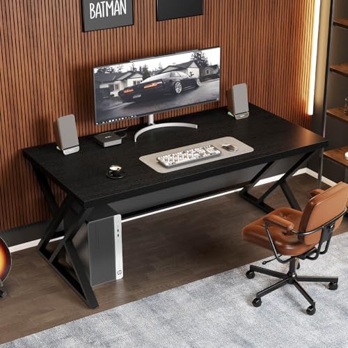 LVB Black Desk  Modern Gaming Writing Computer Desk for Home Office  Metal Wood Study Work PC Computer Table for Bedroom  Industrial Executive Student Workstation Desk  47 Inch  Black Oak