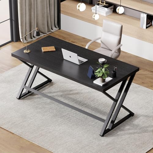LVB Black Desk  Modern Gaming Writing Computer Desk for Home Office  Metal Wood Study Work PC Computer Table for Bedroom  Industrial Executive Student Workstation Desk  47 Inch  Black Oak