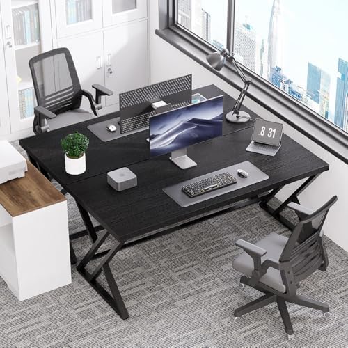 LVB Black Desk  Modern Gaming Writing Computer Desk for Home Office  Metal Wood Study Work PC Computer Table for Bedroom  Industrial Executive Student Workstation Desk  47 Inch  Black Oak